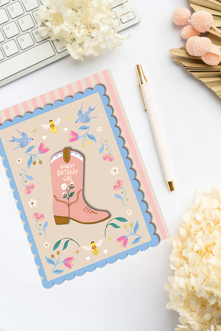3D Handmade Cowgirl Boot, Gold Foiled Birthday Card
