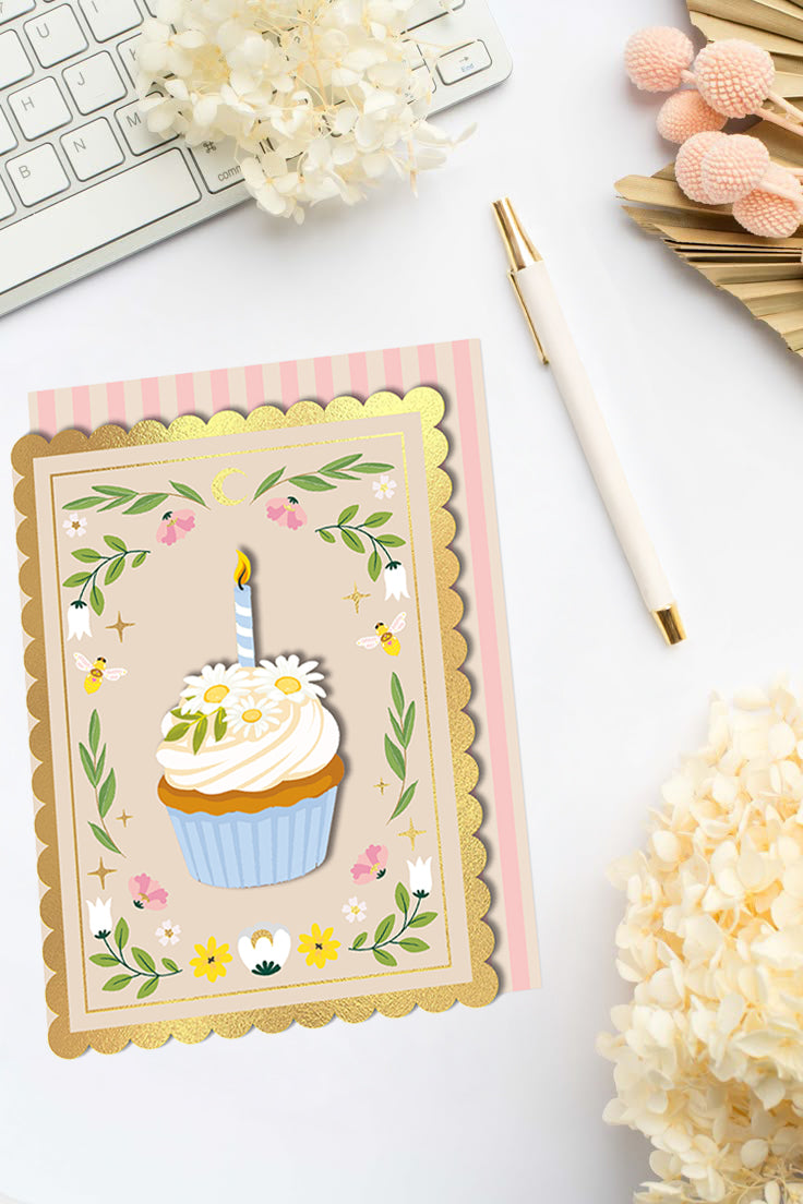 3D Handmade Cupcake, Gold Foiled Birthday Card