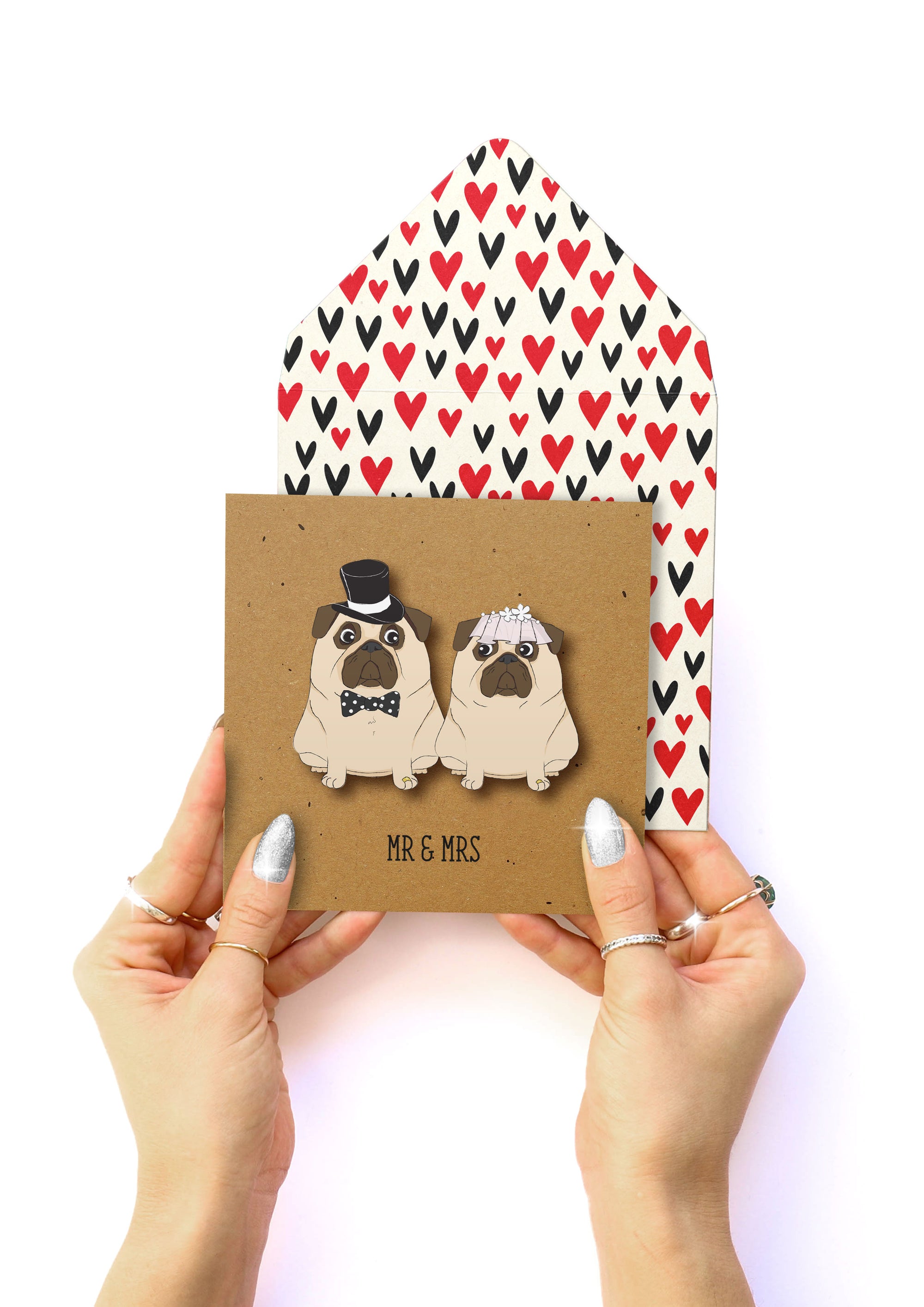 Mr & Mrs Wedding Pugs, Handmade Greeting Card