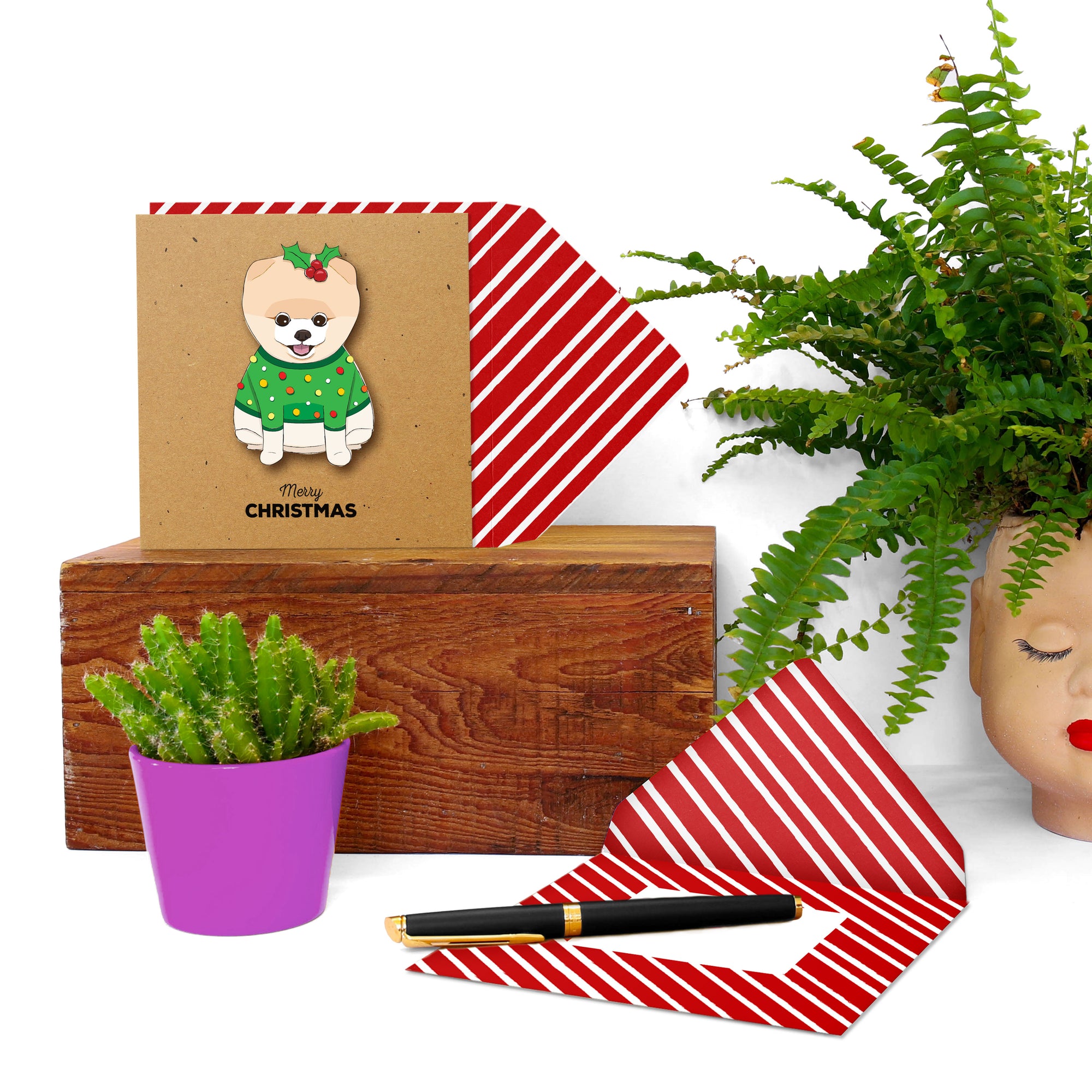 Merry Christmas Holly Pomeranian, Handmade Greeting Card