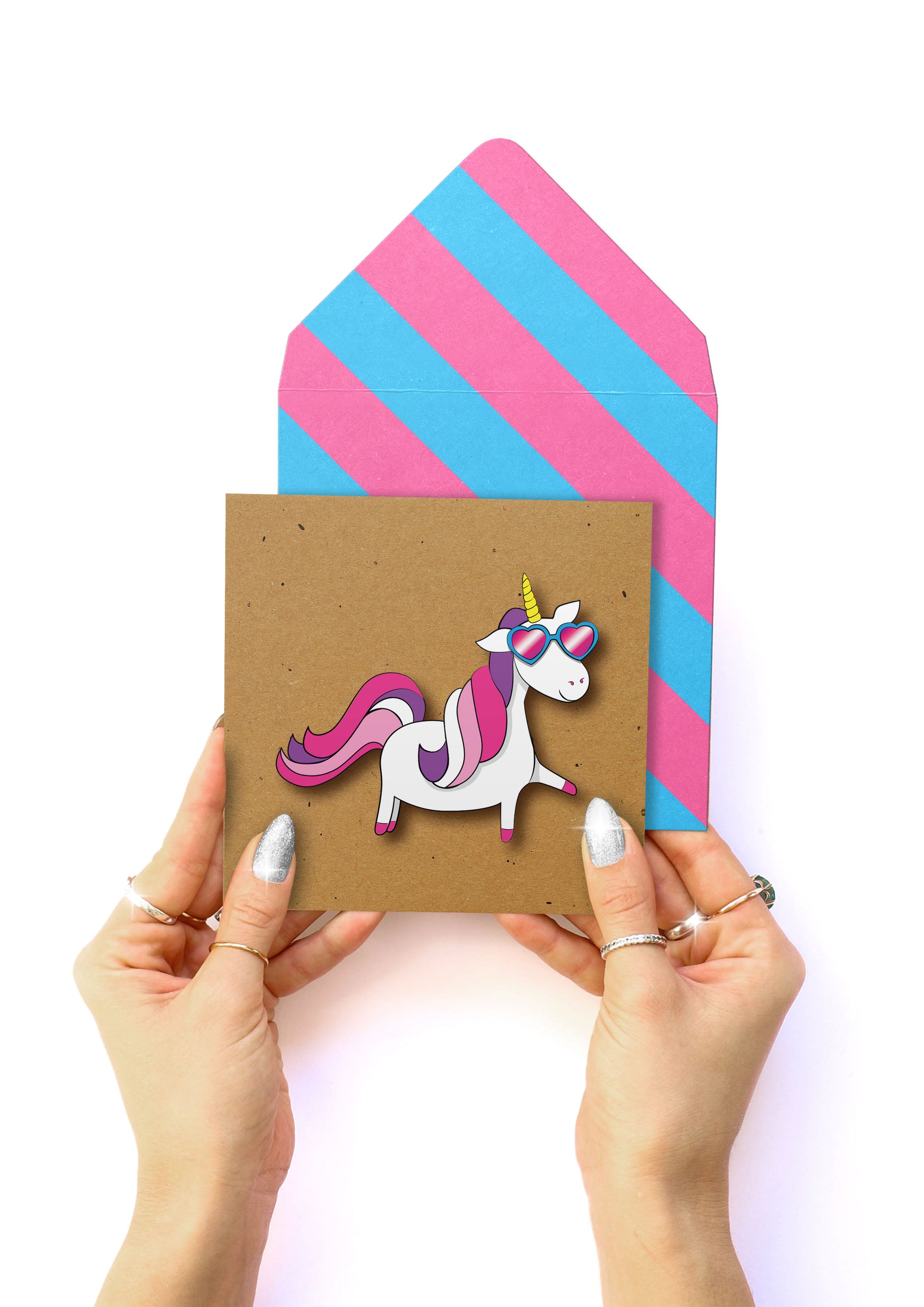 Pink Rainbow Unicorn, Blank Handmade Greeting Card