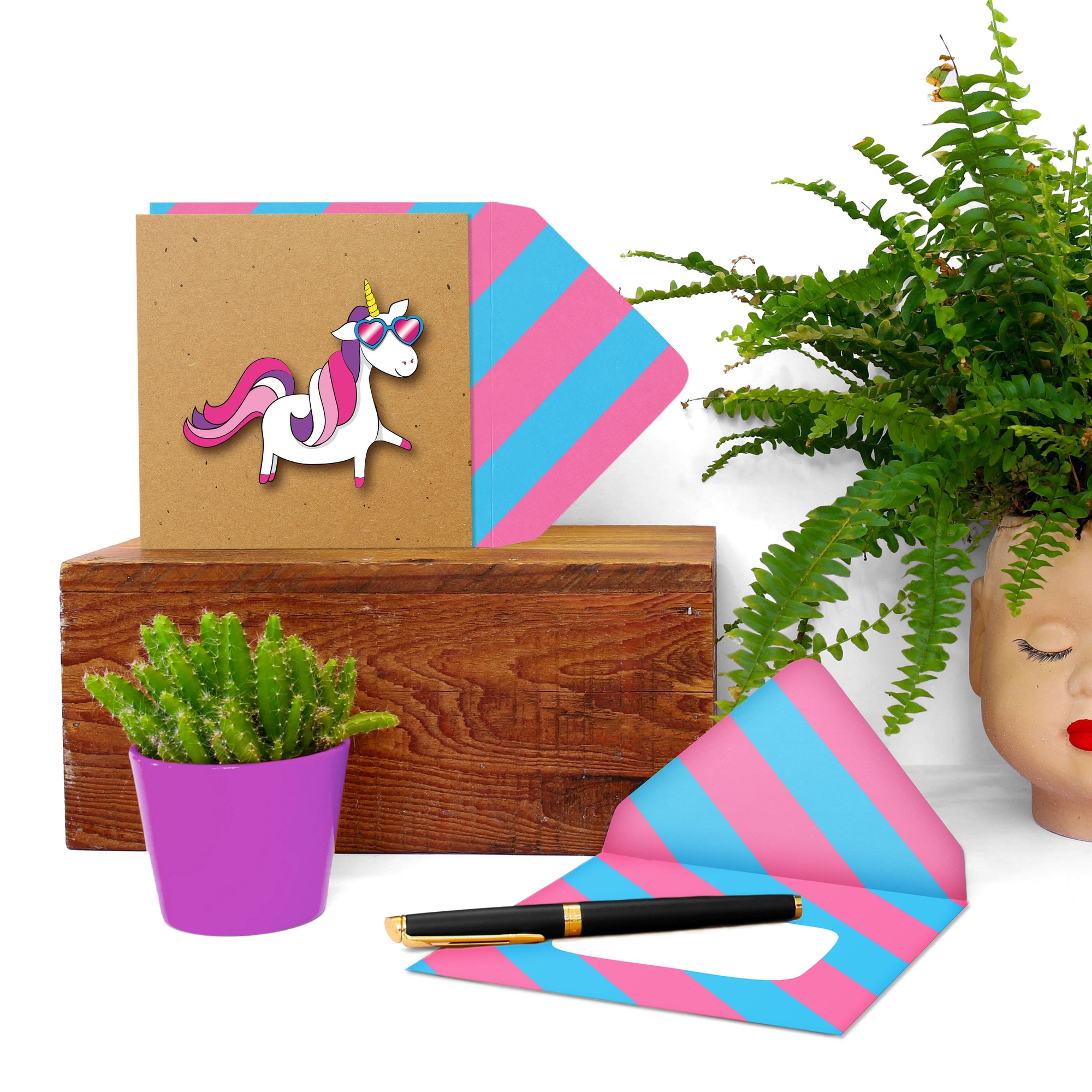 Pink Rainbow Unicorn, Blank Handmade Greeting Card