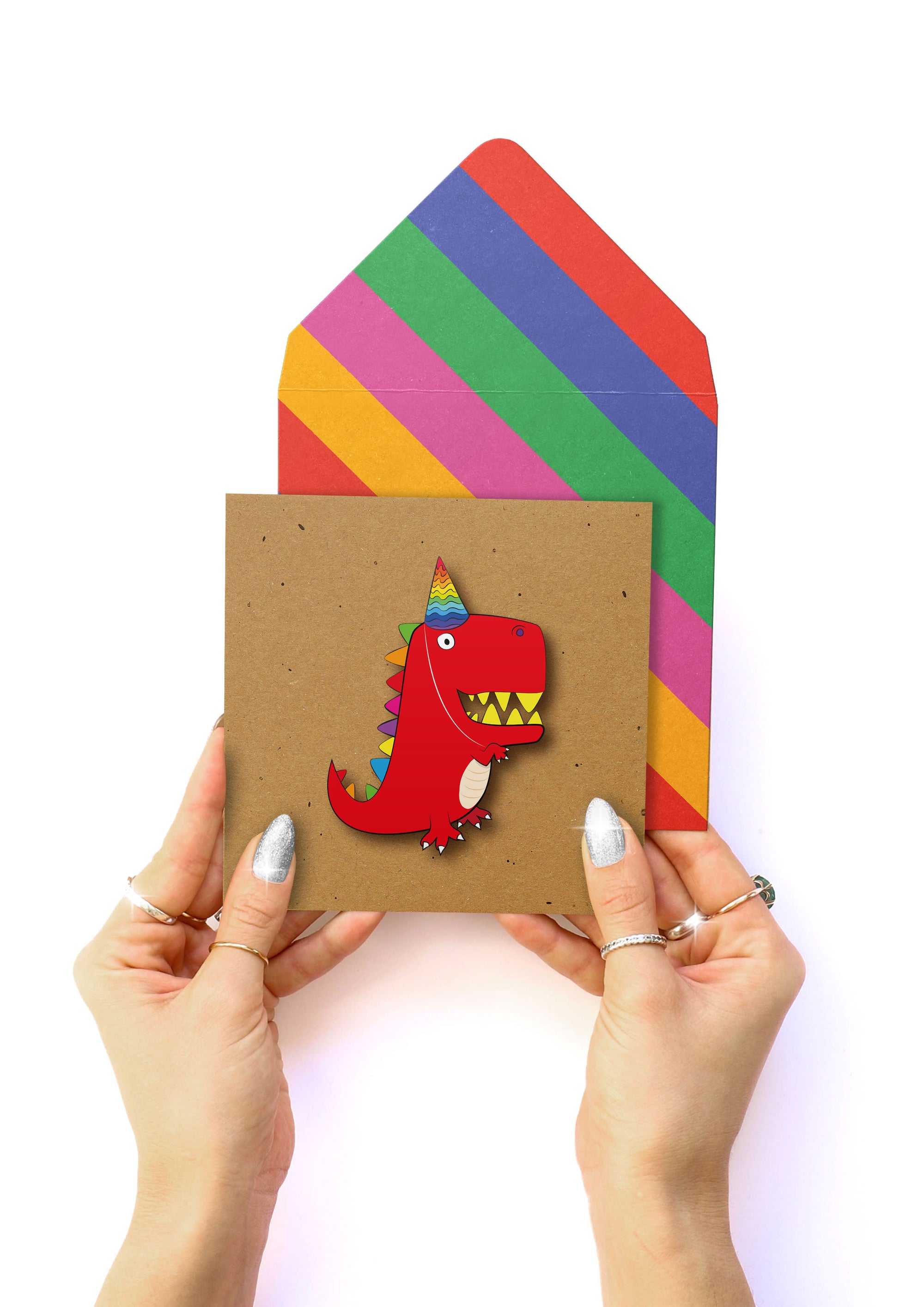 Rainbow Birthday Dinosaur, Kids Handmade Greeting Card