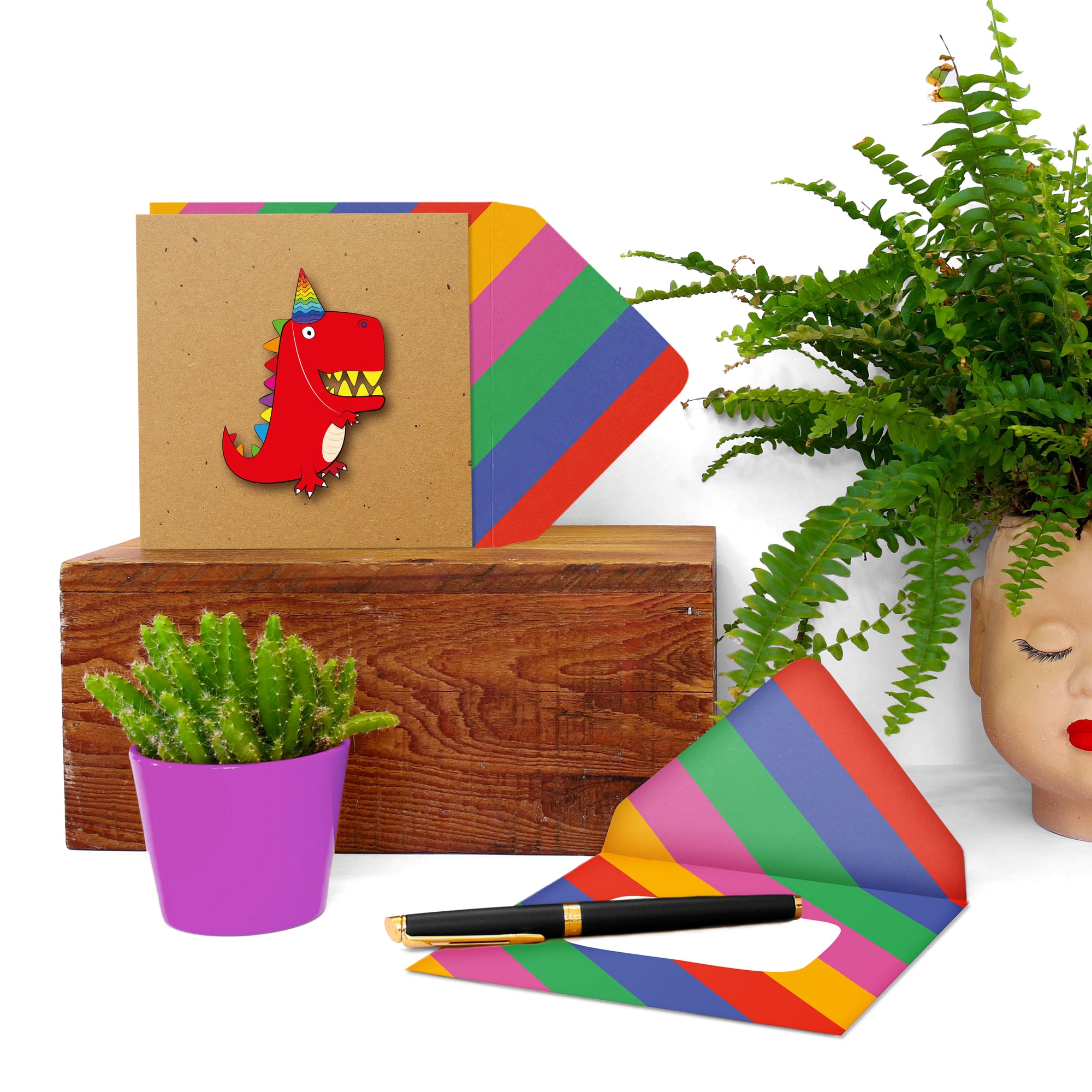 Rainbow Birthday Dinosaur, Kids Handmade Greeting Card