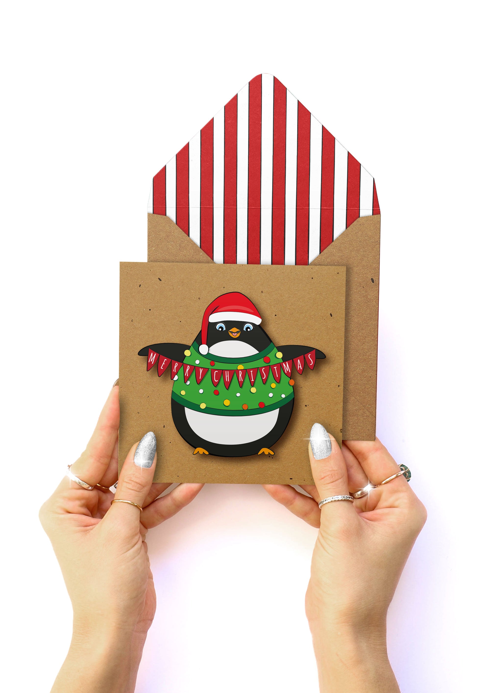 Merry Christmas Bunting Penguin, Handmade Greeting Card