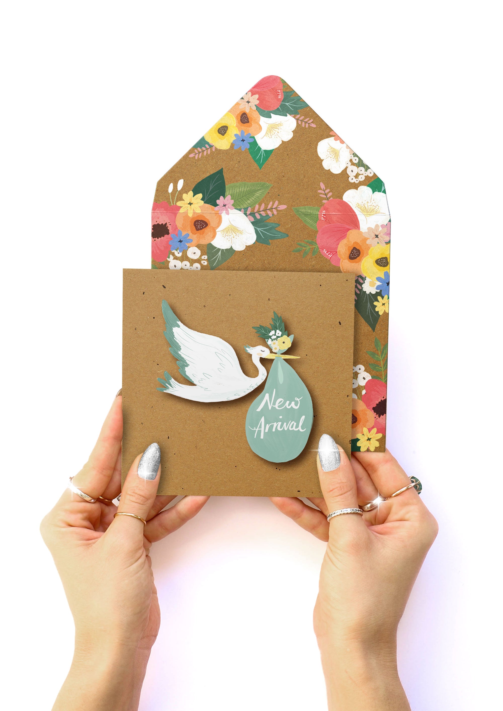 New Arrival' Unisex Baby Stork, Handmade Greeting Card