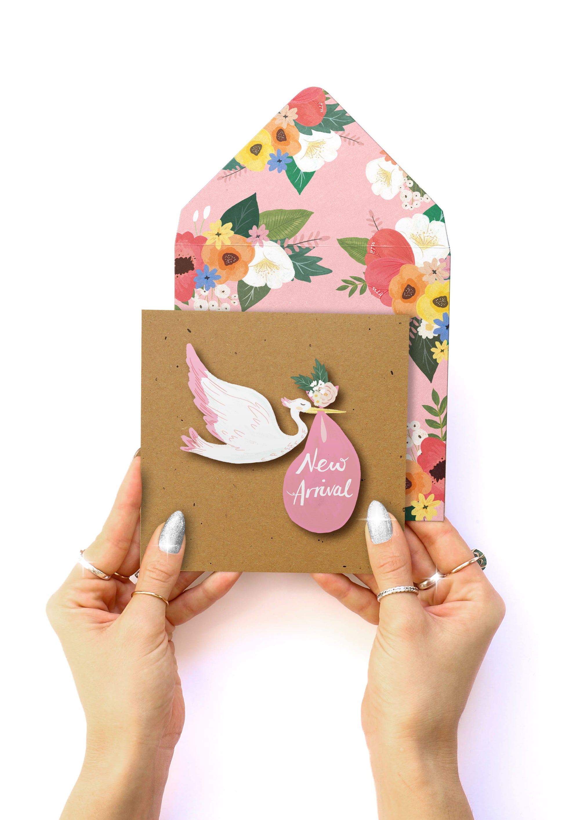 New Arrival' Baby Girl Stork, Handmade Greeting Card