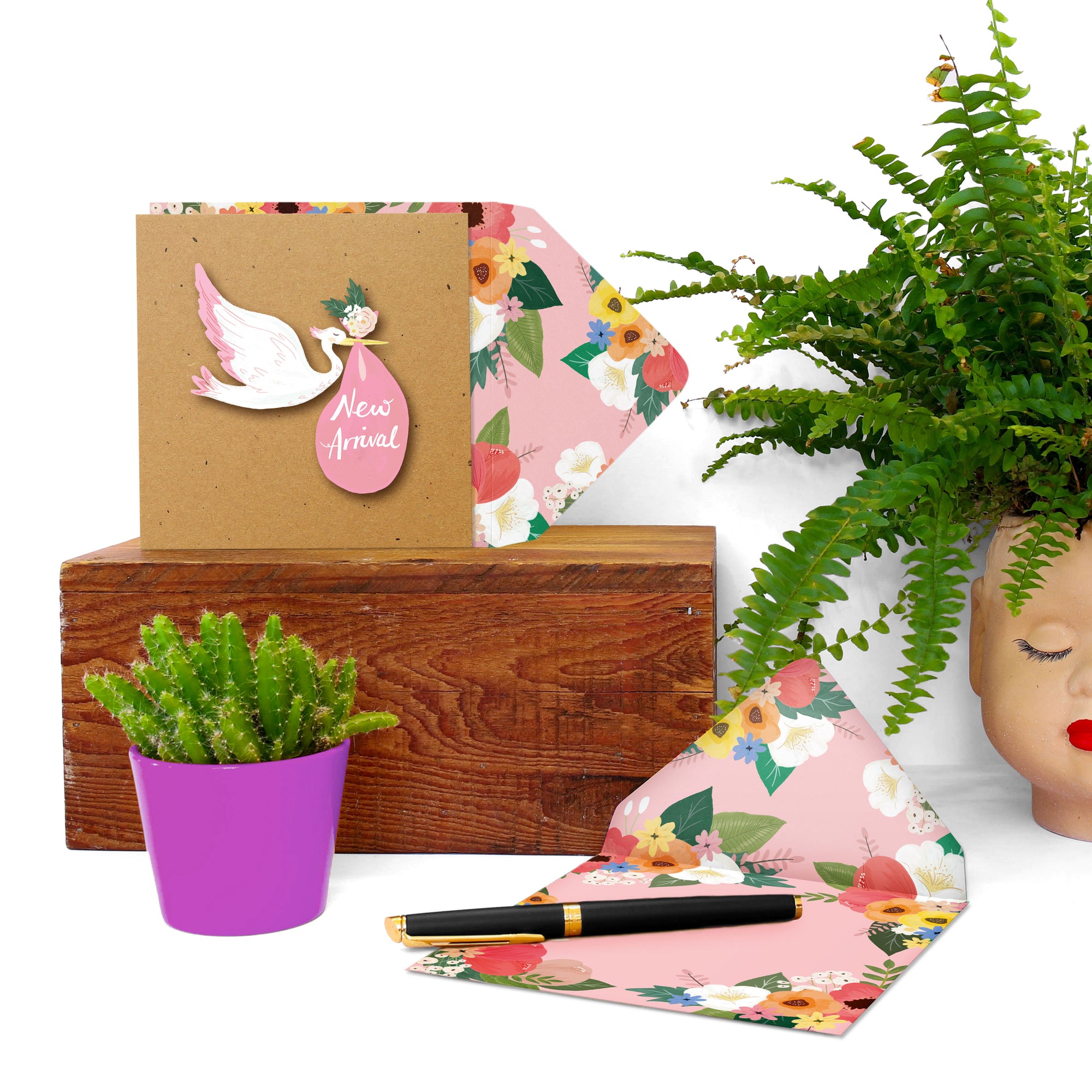 New Arrival' Baby Girl Stork, Handmade Greeting Card