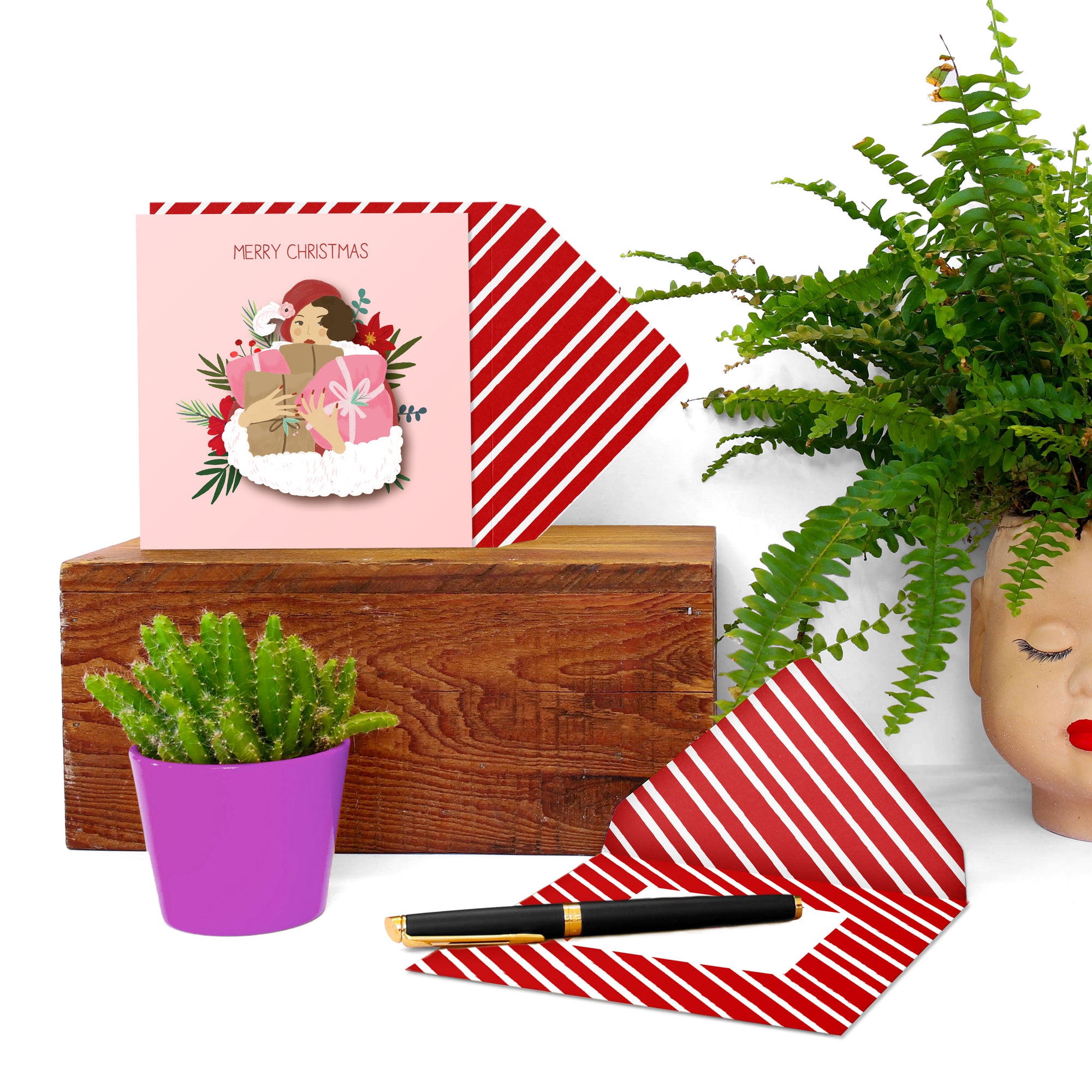 Christmas Shopping Vintage Woman, Handmade Greeting Card